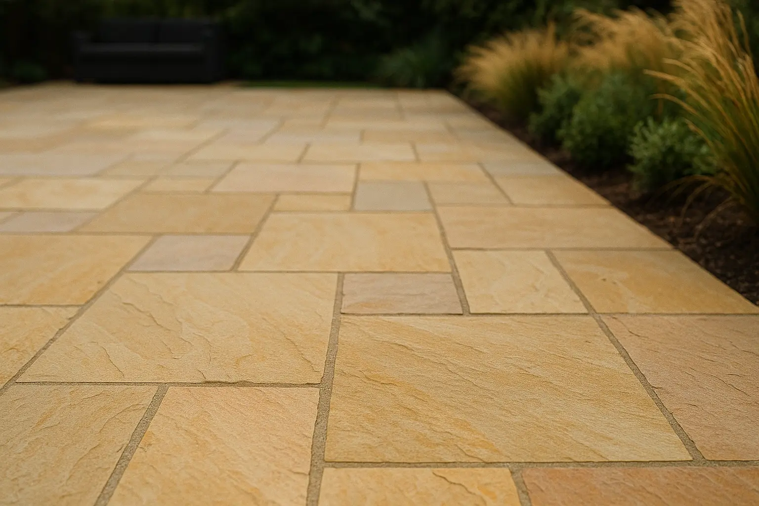 Indian sandstone patio with natural colour variation and riven texture