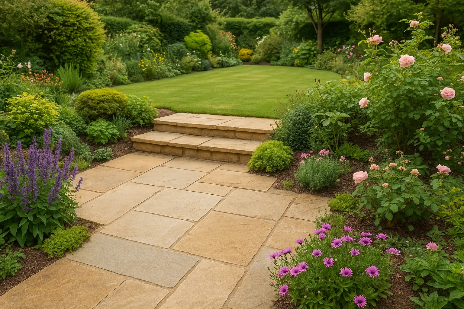 Established sandstone terrace with light natural weathering and planting in a UK garden