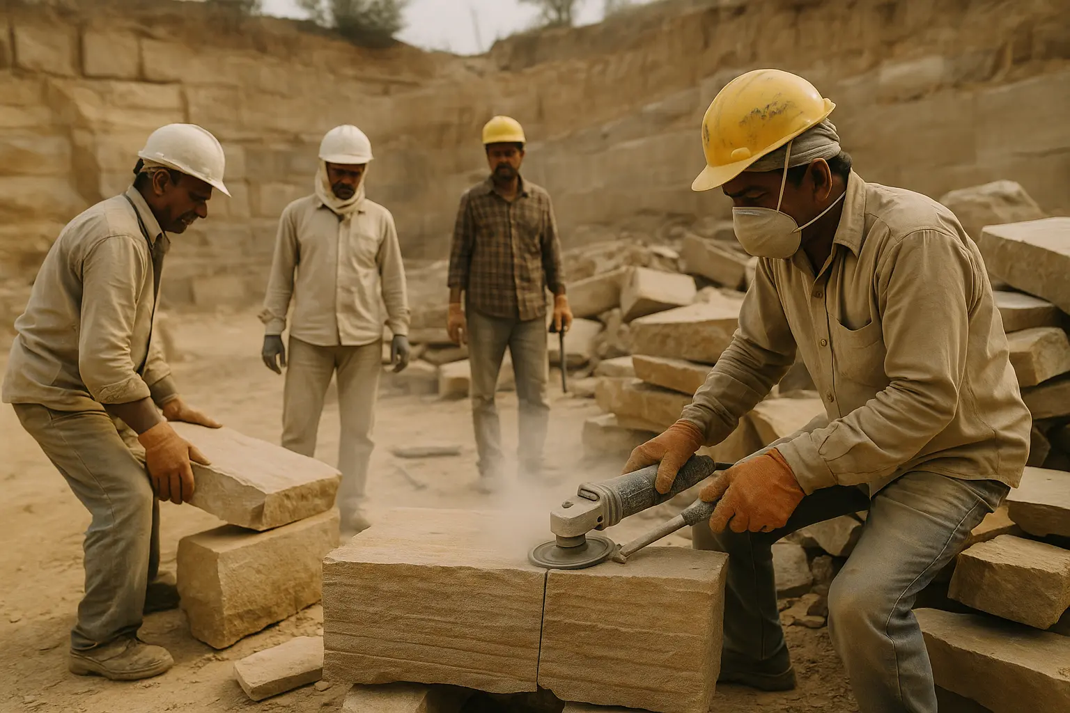 Sandstone quarry with adult workers wearing protective equipment while cutting and handling stone