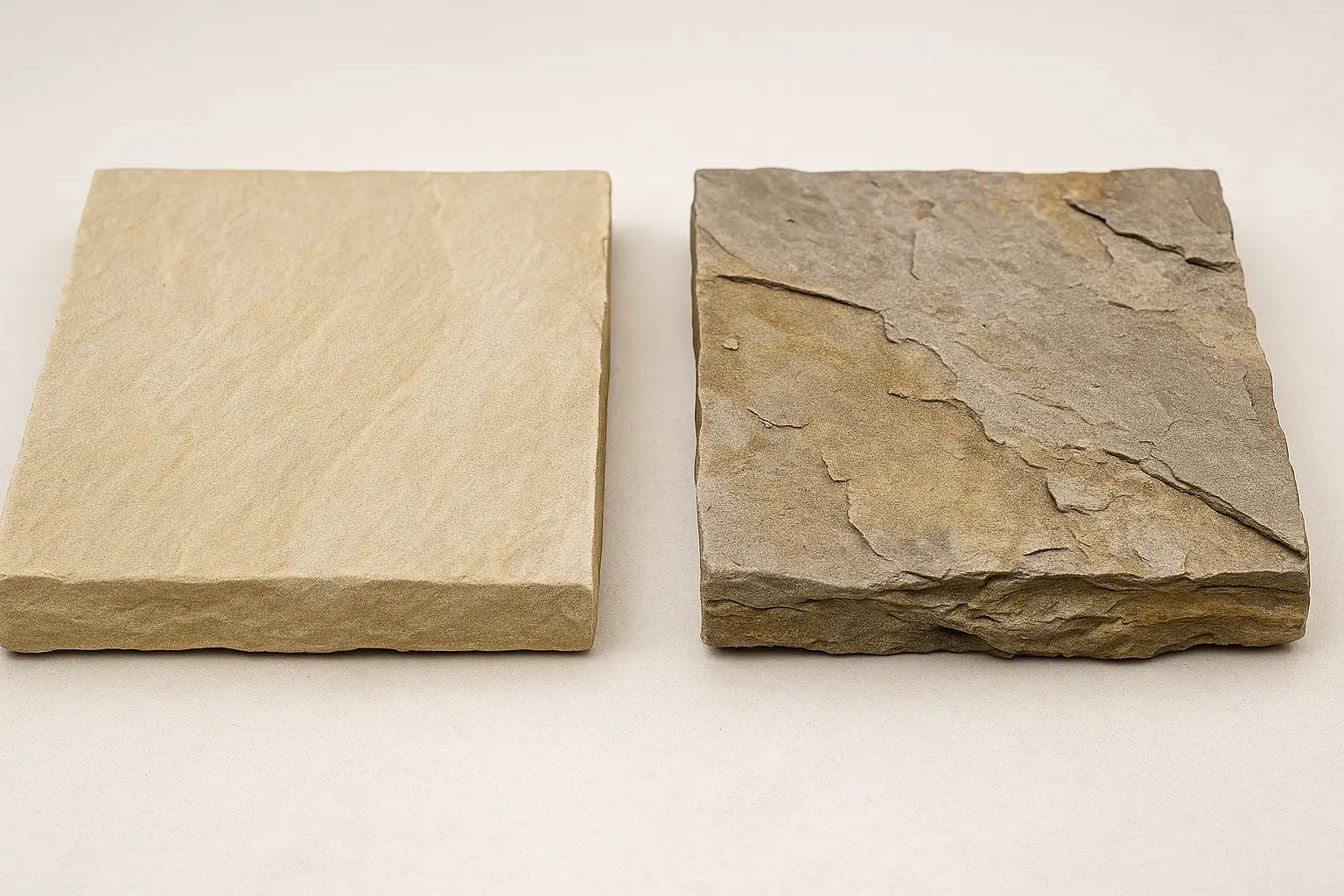 Comparison between a dense, well-calibrated sandstone slab and a laminated, chipped slab