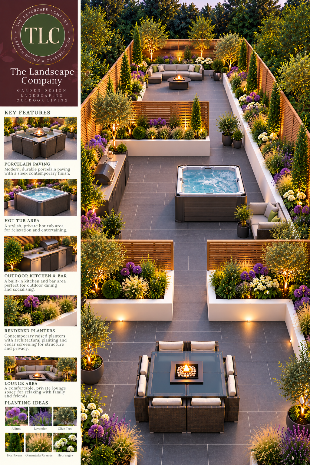 Contemporary medium garden with porcelain paving, hot tub and outdoor kitchen