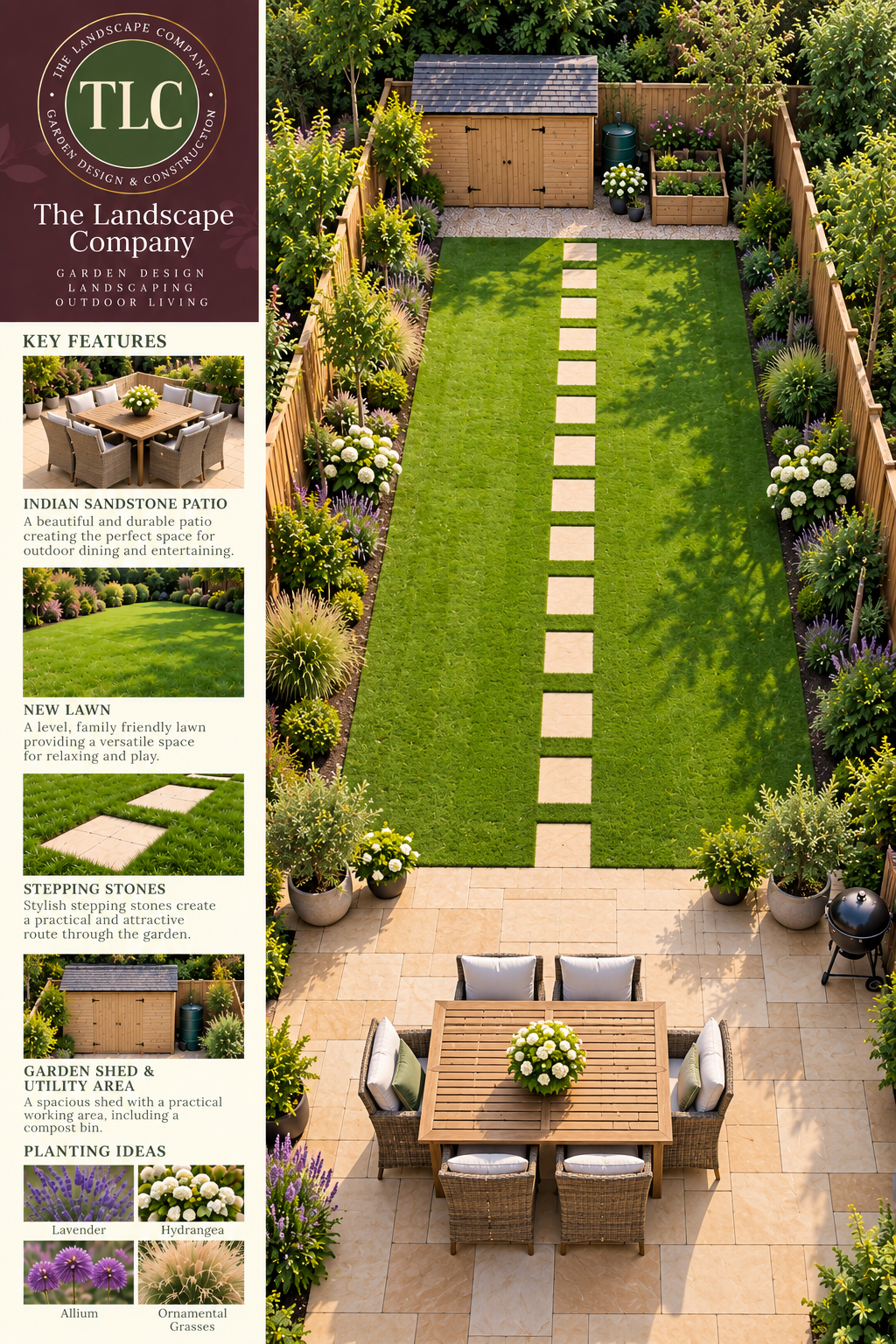 Medium family garden with Indian sandstone patio, lawn, planting and shed