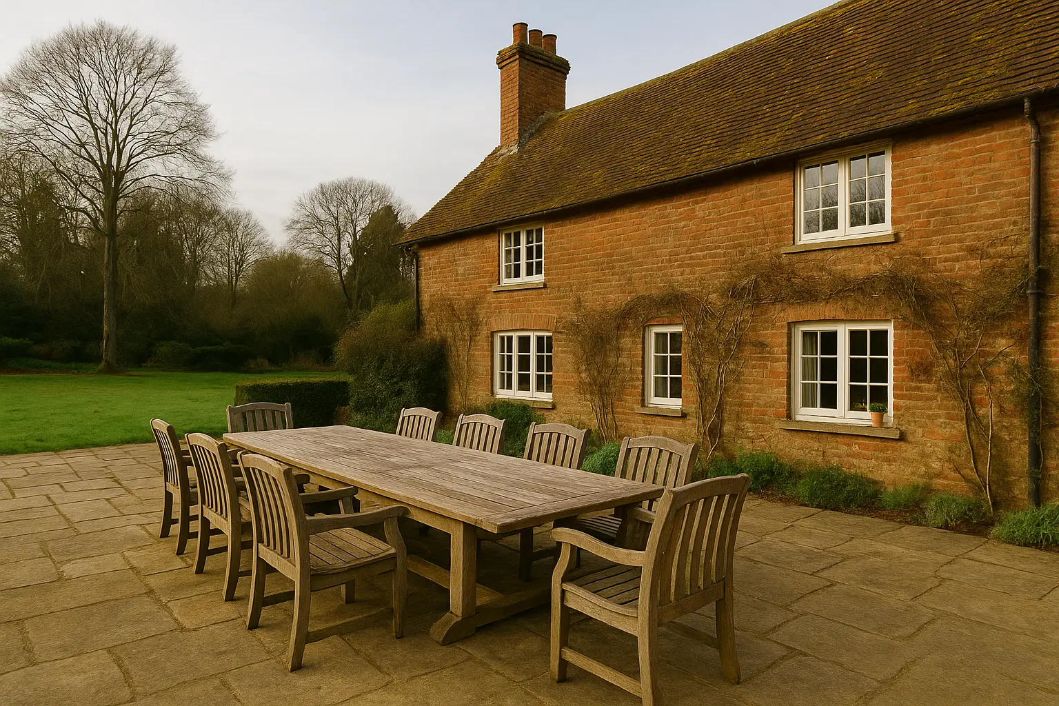 Yorkstone dining terrace in a mature garden