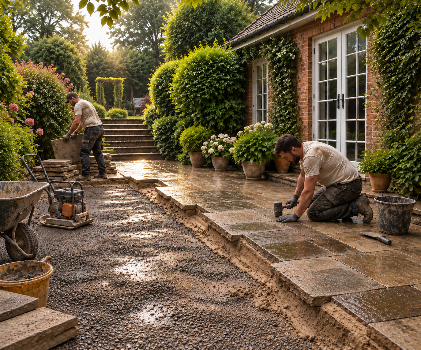 Natural stone patio being laid in an established garden with steps and level changes