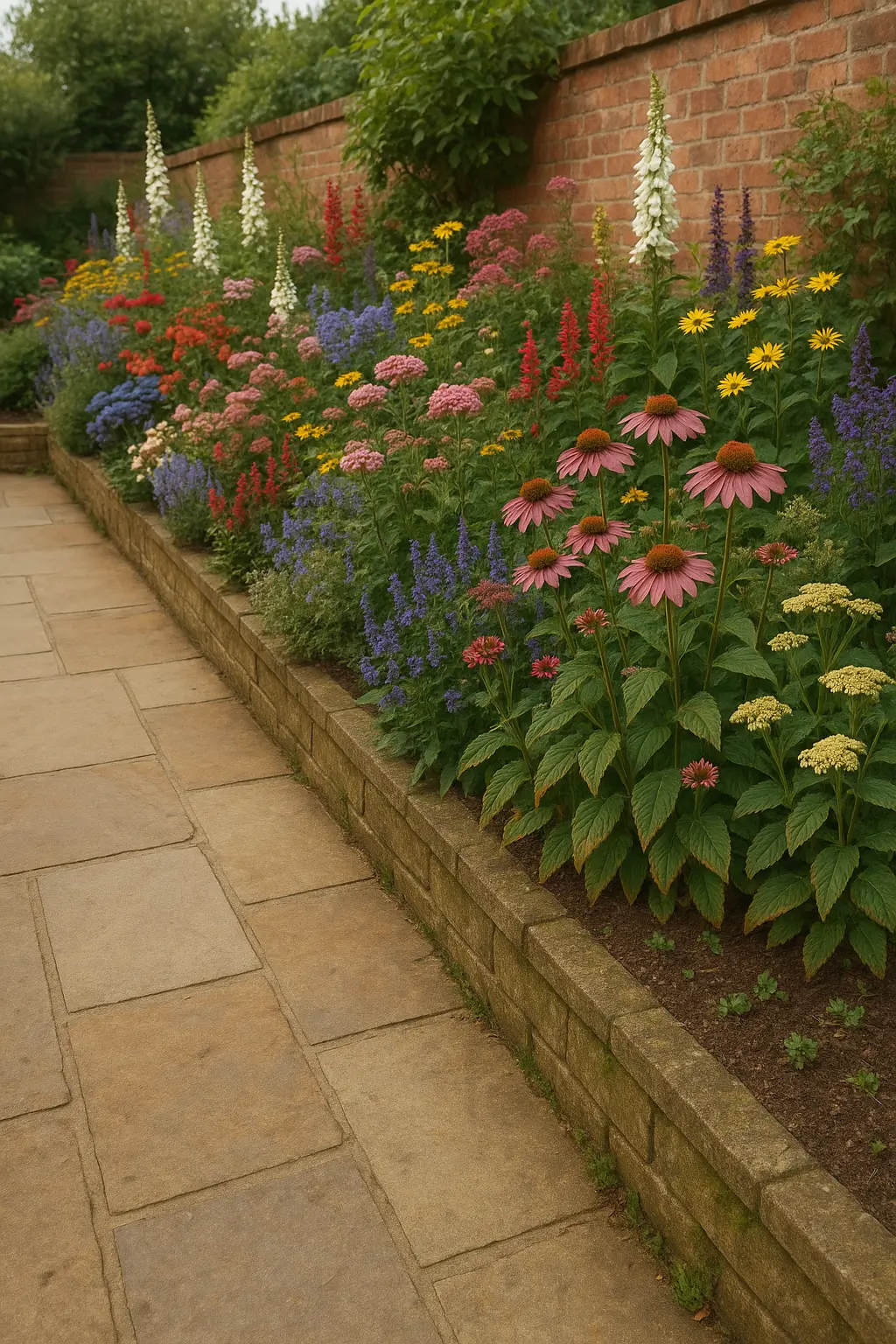 Mixed planting border beside a new patio